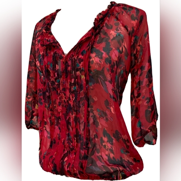 Express Red Floral Sheer Blouse - Picture 3 of 4